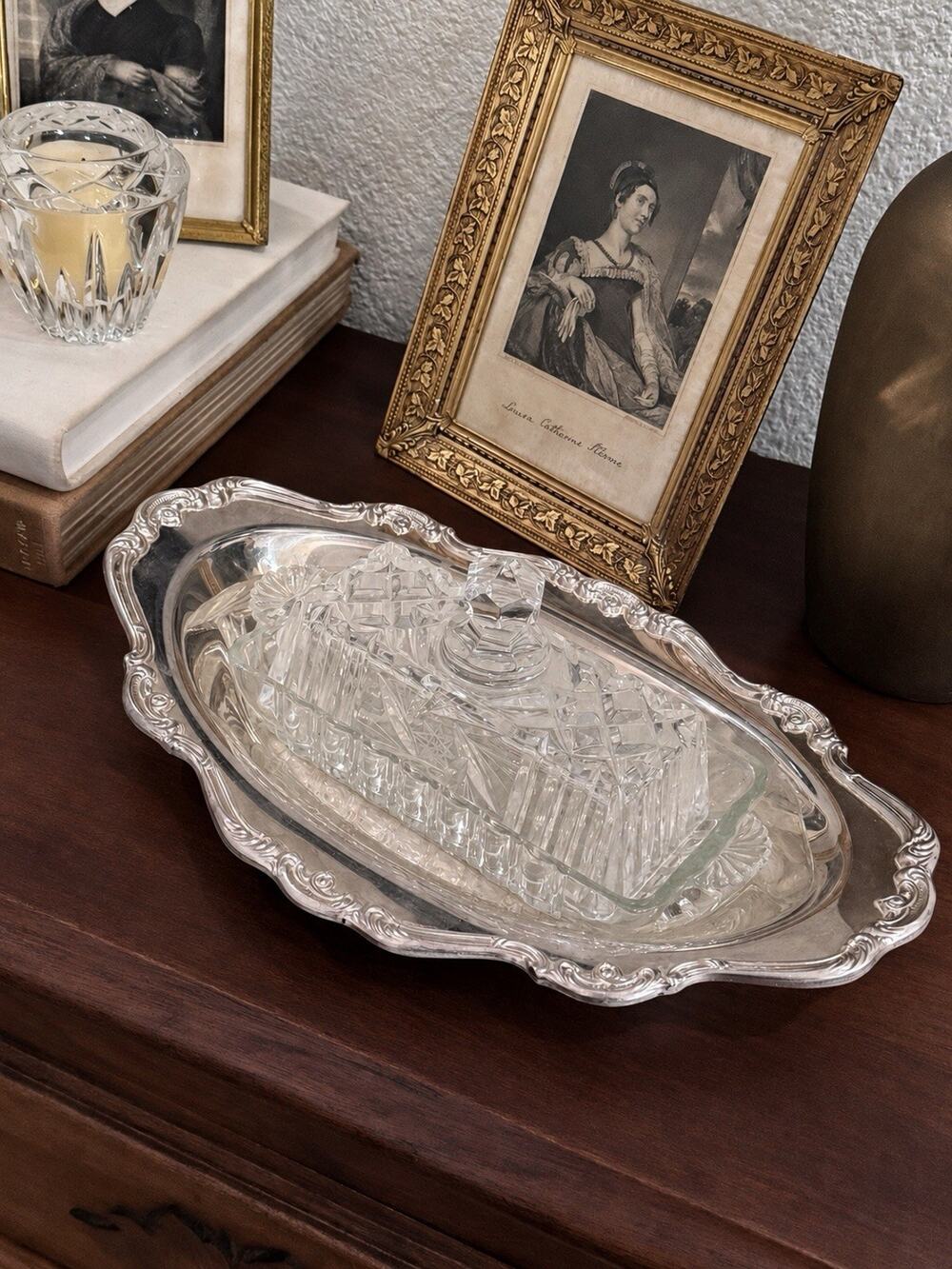 Vintage Gorham Heritage Silverplate Tray & Cut Glass Covered Butter Dish